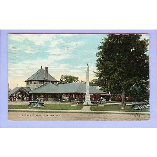 NH Laconia B&M RR Station View Right Side Stone Station w/Tall Monument Ca~166
