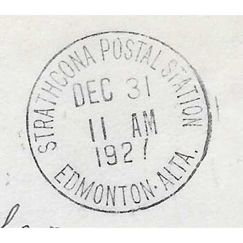 Strathcona Postal Sta, Edmonton slogan, Alberta cancel, 1927,