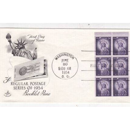 United States 1954 Liberty 3c Booklet Pane FDC Washington Cancel Unaddressed VGC