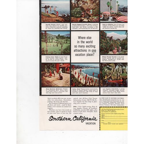 Southern California Vacation vintage Full Page Print Ad January 1959