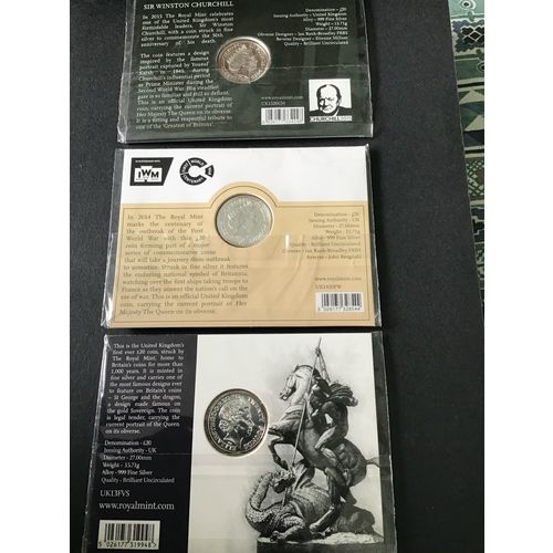 ELIZABETH II ROYAL MINT THREE TWENTY POUNDS FINE SILVER COINS 2013/2014/2015.
