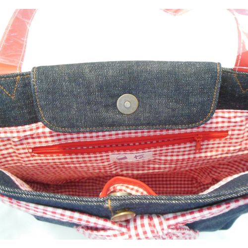 Denim Dark Blue and Red Gingham Style Tote Shoulder Bag T2