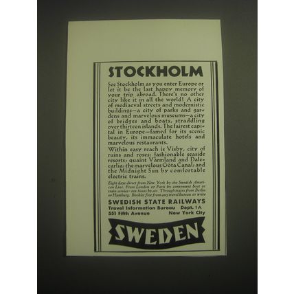 1931 Swedish State Railways Ad - Stockholm