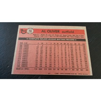 1981 Topps Card # 070 Al Oliver Very Good-Excellent (4) Texas Rangers