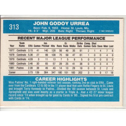 1982 Donruss baseball card 313 John Urrea