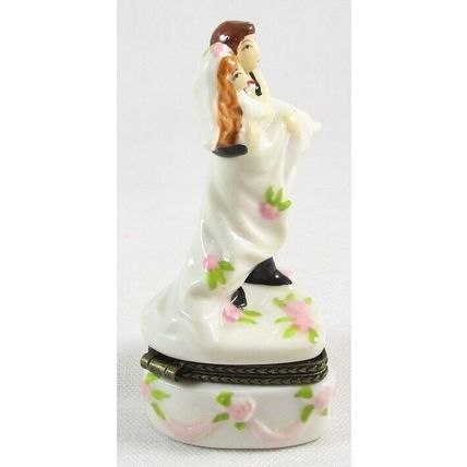 NOS Wedding Blonde Bride & Brunette Groom Porcelain Hinge Trinket Box w/ Rings