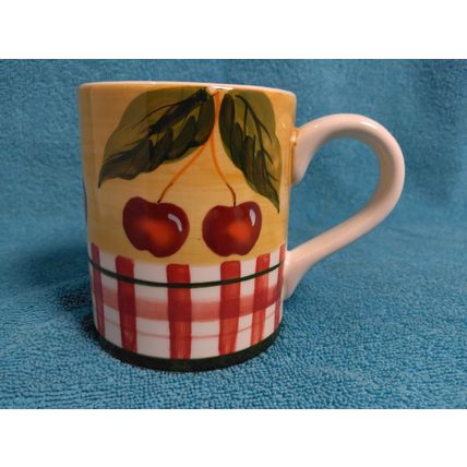 Lillian Vernon Red Cherries & Striped Fence Drinking Coffee Tea Mug Ceramic