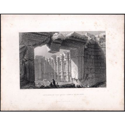 INTERIOR OF THE GREAT TEMPLE AT BALBEC 1842 Ebenezer Challis ANTIQUE ENGRAVING