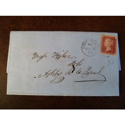 1865 GB QV 1d Red stamp 93 EB entire Fisher Solicitors Ashby de la Zouch Burton