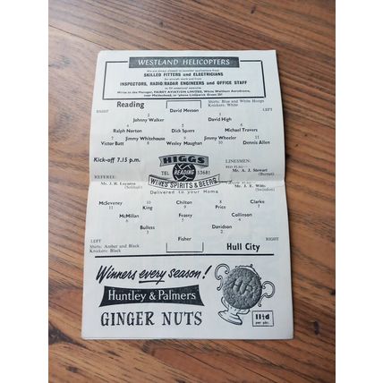 1961/62 Reading vs Hull City - Division 3 **FREE P&P**