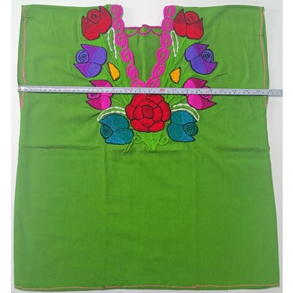 Multicolor Roses Bouquet Embroidered Cotton Canvas Green Blouse Chiapas Mexico