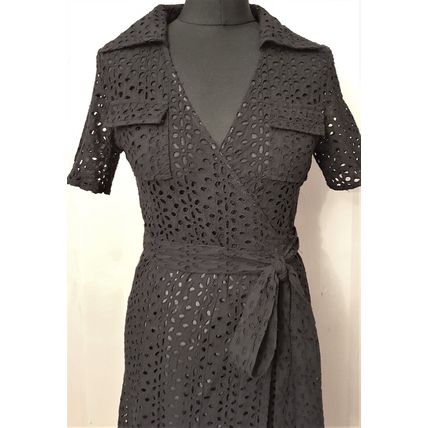 Black Wrap Cotton Broderie Anglaise Dress DVF style 10 UK