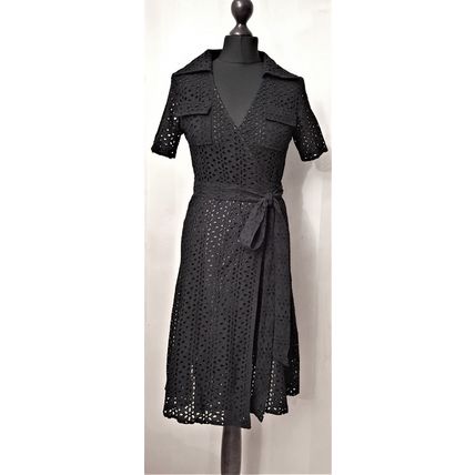 Black Wrap Cotton Broderie Anglaise Dress DVF style 10 UK