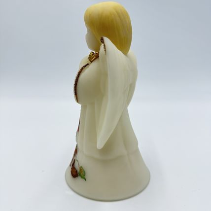 Fenton Art Glass Opal Satin Poinsettia Angel Bell Gold Bird Accents Hand Painted