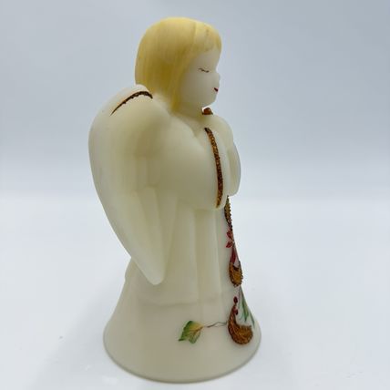 Fenton Art Glass Opal Satin Poinsettia Angel Bell Gold Bird Accents Hand Painted