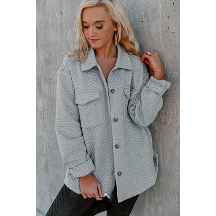 Gray Lattice Texture Retro Flap Pocket Button Shacket