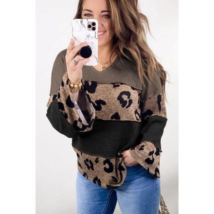 Multicolour Colorblock Patchwork V-Neck Loose Sleeve Knit Top