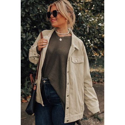 Khaki Plus Size Crochet Pattern Back Corduroy Jacket
