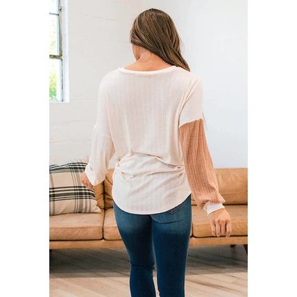 Apricot Color Block Wide Ribbed V Neck Top