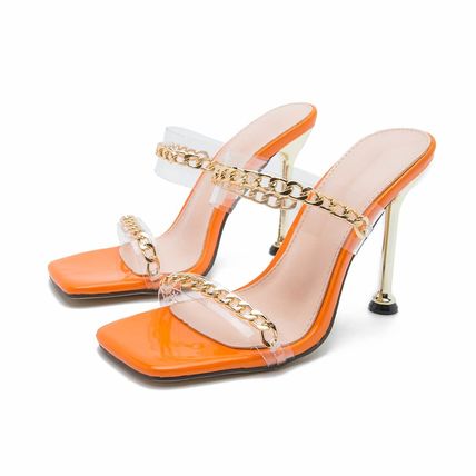 Super High-heeled Roman Sandals With Metal Plating And Square Toe Gold Chain