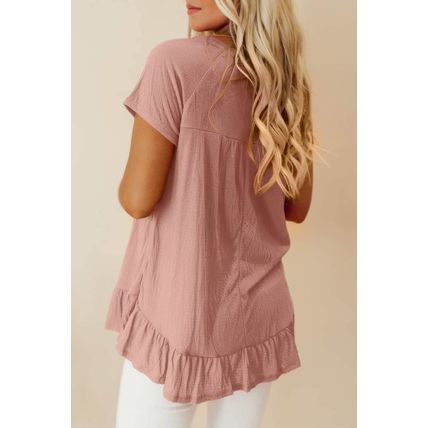 Pink Solid Short Sleeve Ruffle Hem Top