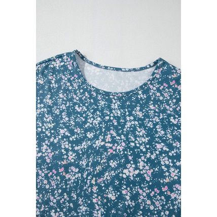 Orange Floral Color Block Ruffled Hem Round Neck Blouse