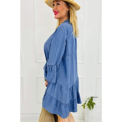 Sky Blue Chambray Ruffled 3/4 Sleeve Tiered Split V Neck Mini Dress