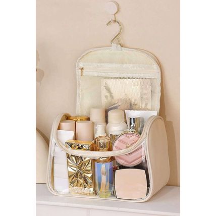 Beige TASTY Print Handle Inside Pocket Clear Makeup Bag