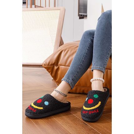Black Keep Smile Printed Sherpa Home Slippers