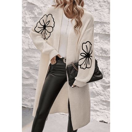 Beige Flower Embroidered Drop Shoulder Open Front Duster Cardigan