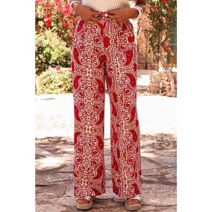 Red Paisley Printed Buttoned High Waist Straight Leg Pants