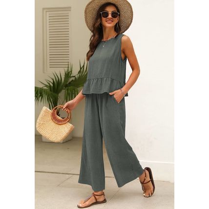 Duffel Green Solid Color Ribbed Ruffle Tank Top and Pants Set