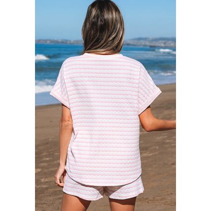 Pink Stripe Knitted Short Sleeve Top and Drawstring Shorts Set