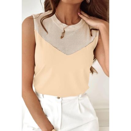 Oatmeal Solid Mesh Patchwork Crew Neck Tank Top