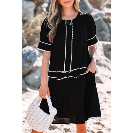 Black Contrast Scallop Trim Bow Detail Half Sleeve Shift Dress