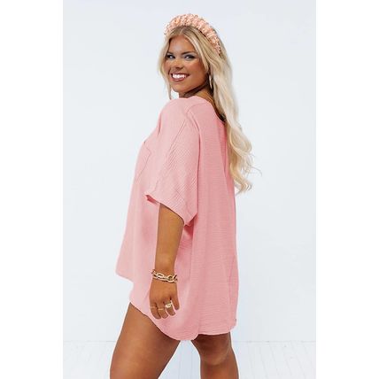 Pink Textured Half Sleeve V Neck Plus Size T Shirt with Chest Pocket