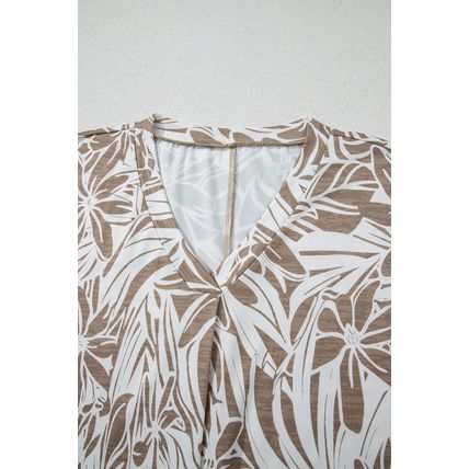 Khaki Floral Print V Neck Short Sleeve Loose Fit Blouse