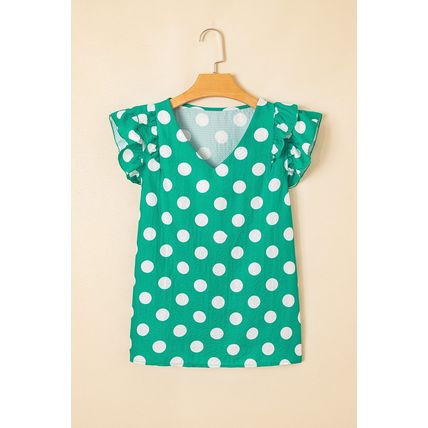 Green Polka Dot Print Ruffled Sleeve V Neck Blouse