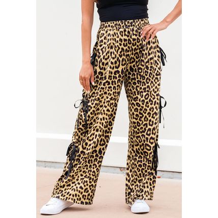 Brown Leopard Print Bow Tie Drawstring Elastic Waist Loose High Waist Pants