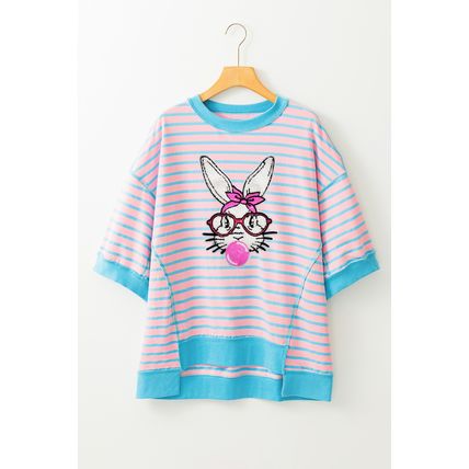 Pink Stripe Easter Rabbit Graphic Contrast Banded Drop Shoulder Tee