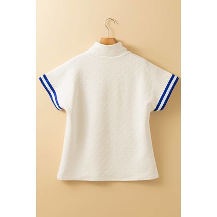 Beige Preppy Striped Trim Textured Quarter Zipper Colorblock Short Sleeve Top