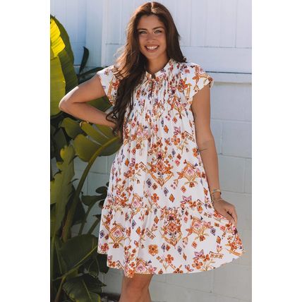 Apricot Floral Geometric Print Ruffled Trim Flutter Sleeve Mini Dress