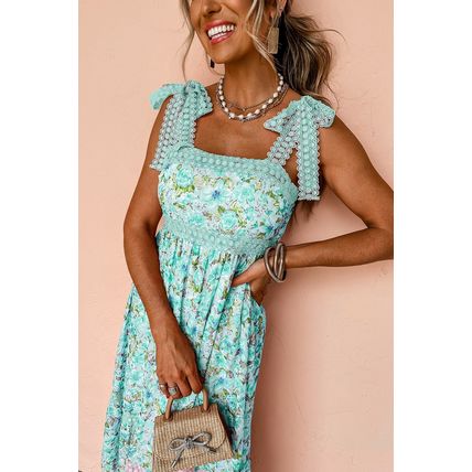Green Floral Lace Tied Strap Empire Waist Maxi Dress