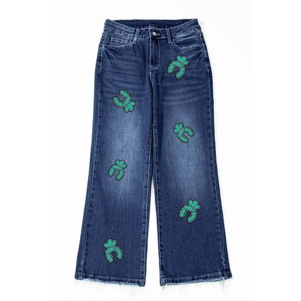 Sail Blue Turquoise Pattern Raw Edge Cropped High Waist Jeans
