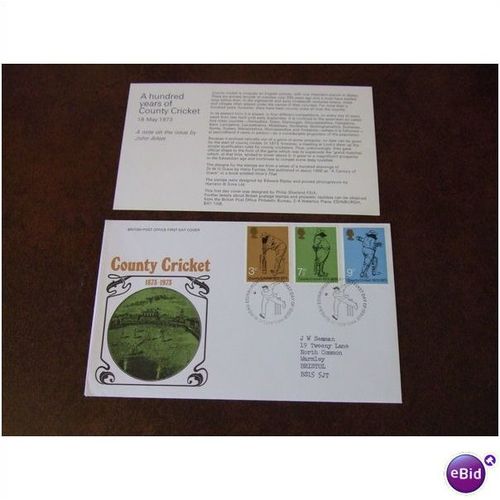 1973 GB County Cricket 1873-1973 stamps First Day Cover Philatelic Bureau cancel