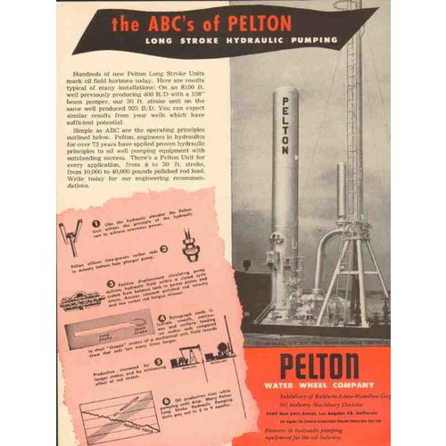 pelton water wheel company 1953 long stroke hydraulic pump vintage ad