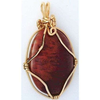 Red Flame Moss Agate Gold Wire Wrap Gemstone Pendant 60