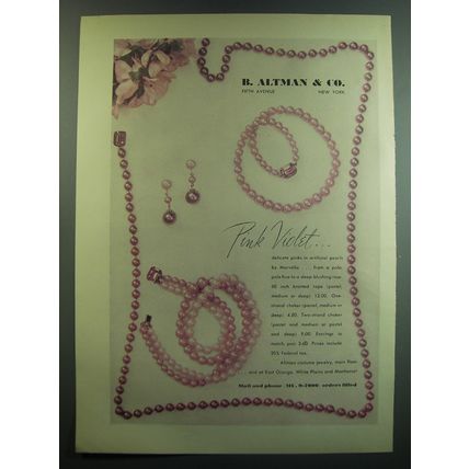1949 B. Altman & Co. Marvella Jewelry Advertisement - Pink Violet