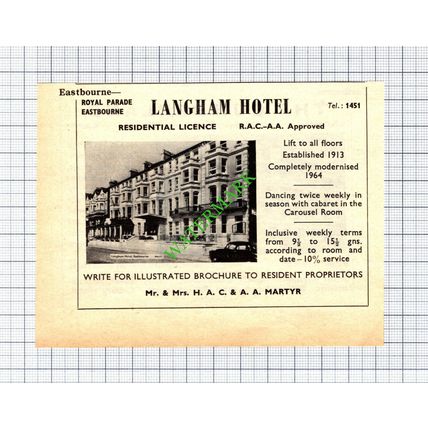 Langham Hotel Eastbourne Martyr / The Cumberland F Hutchings -1965 Small Cutting