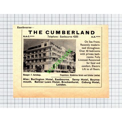 Langham Hotel Eastbourne Martyr / The Cumberland F Hutchings -1965 Small Cutting